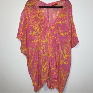 Josie by Natori Pink Yellow  Hippie Batik Kaftan Oversized Effortless Tunic L